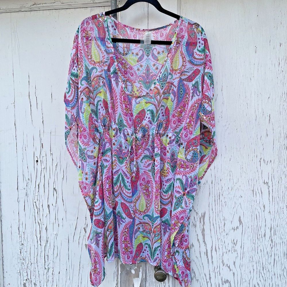 Into the Bleu Swimsuit Bikini Cover Up Women's Large Pink Paisley Boho Caftan